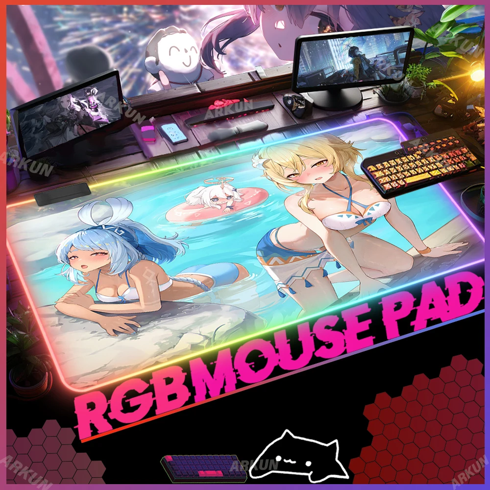 

RGB Kawaii Sex Mualani Hot Lumine Paimon Popular Genshin Impact Gaming Mouse Pad Gamer XXL LED Backlight Computer Keyboard Mat