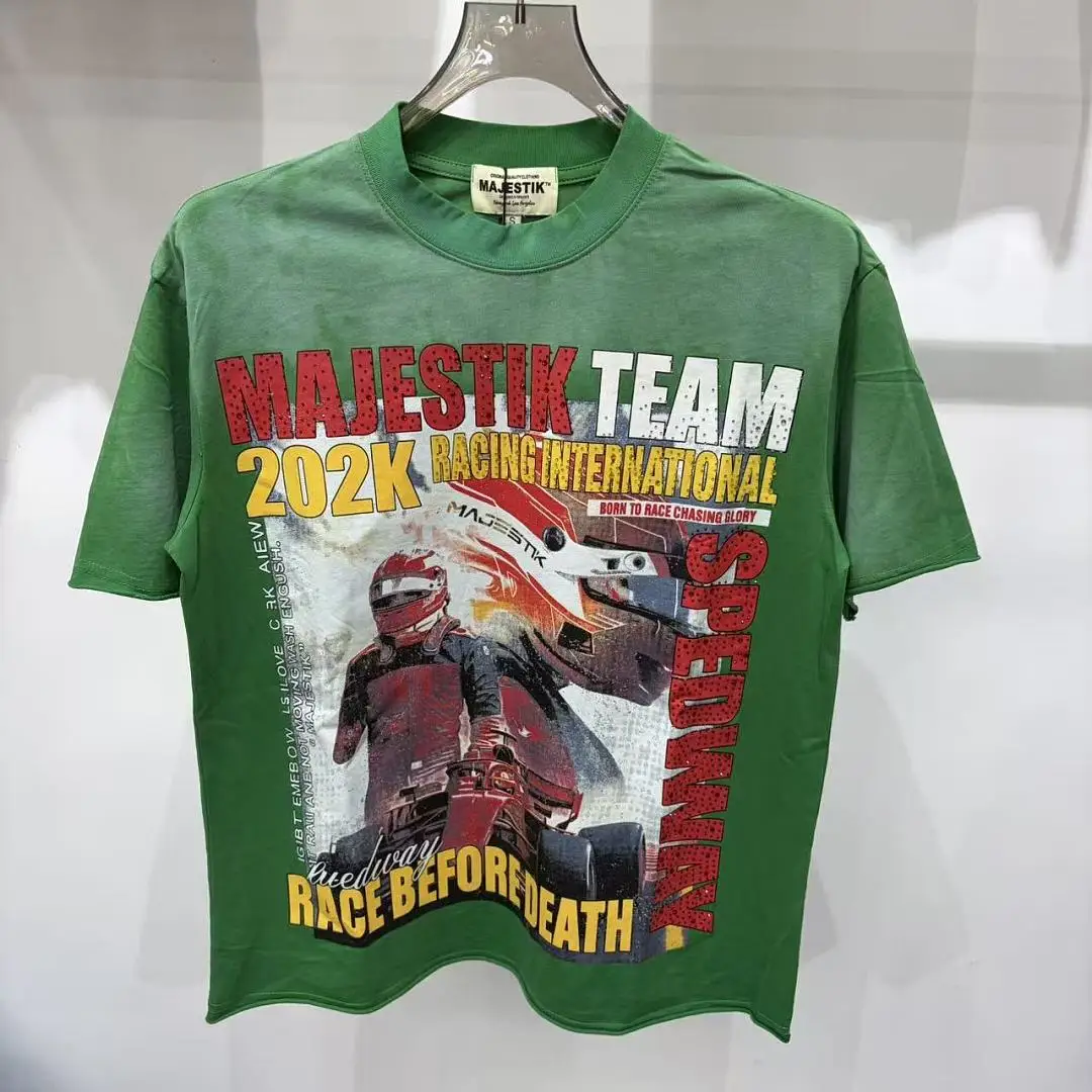 Men's Vintage Washed Green T-shirt MAJESTIK RACE BEFORE DEATH Graphic Rhinestone Streetwear Oversized Short Sleeve Cotton Tee