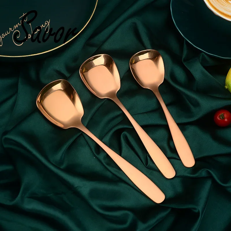 Plat bottom Spoon Stainless Steel Square Dinner spoons Rice Dinnerware Child Long Handle Drink  for Ice Cream Dessert Salad