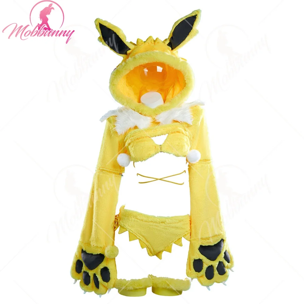 

MOBBUNNY Women's Anime Derivative Furry Paw Cosplay Lingerie Plush Pajamas Paw Gloves Hoodie Bra and Panty with Stockings