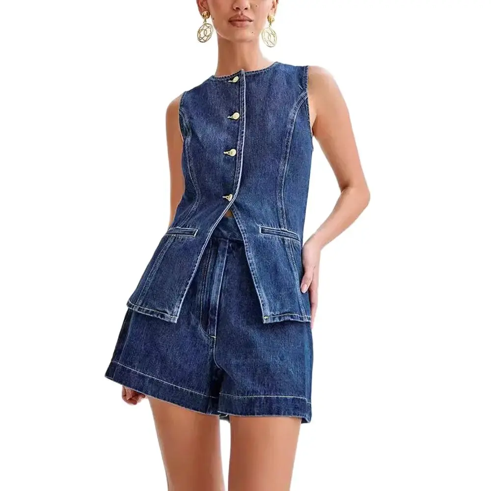 New Cross-border Independent Station European And American Summer Fashion Sleeveless Casual High Waist Denim Shorts SuitWomens.