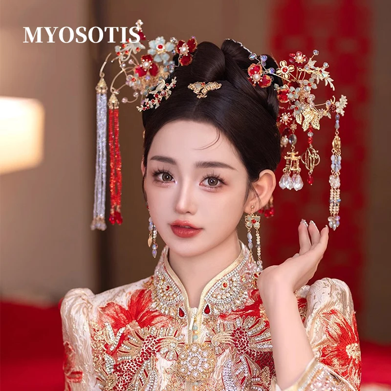 Classical Chinese Wedding Handmade Crystal Hairpins Hanfu Traditional Bride Xiuhe Retro Cloisonn Headwear Jewelries