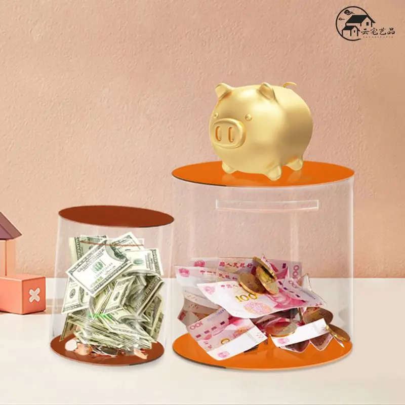 Acrylic Piggy Bank Round Can with No Entry or Exitpaper Currency Coin Piggy Bank Money Box Transparent Savings Jars