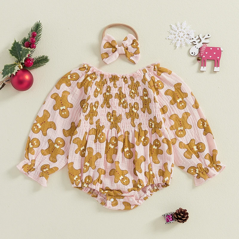 Baby Girl's Long Sleeve Gingerbread Print Smocked Bodysuit com Headband Set, roupas de Natal, roupas infantis, 2 peças