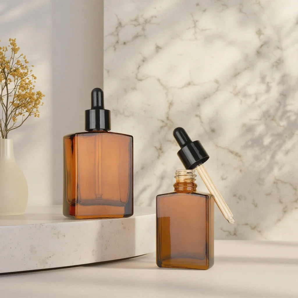 200*30ml 50ml 100ml âmbar marrom vidro retângulo óleo essencial garrafa conta-gotas plana quadrado vidro skincare soro garrafa embalagem