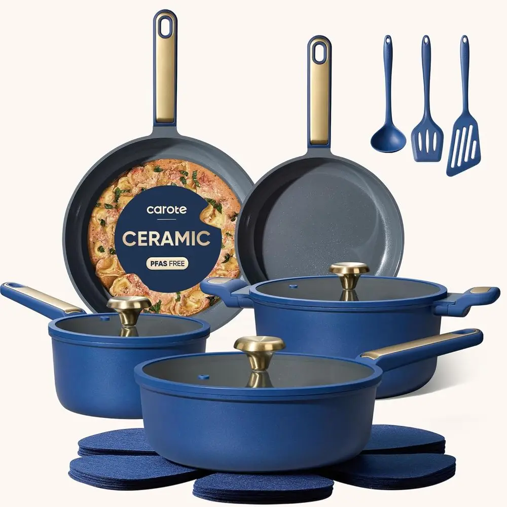 

Non Stick 16 Piece Cookware Set Kitchen Cooking Set Non Toxic Blue