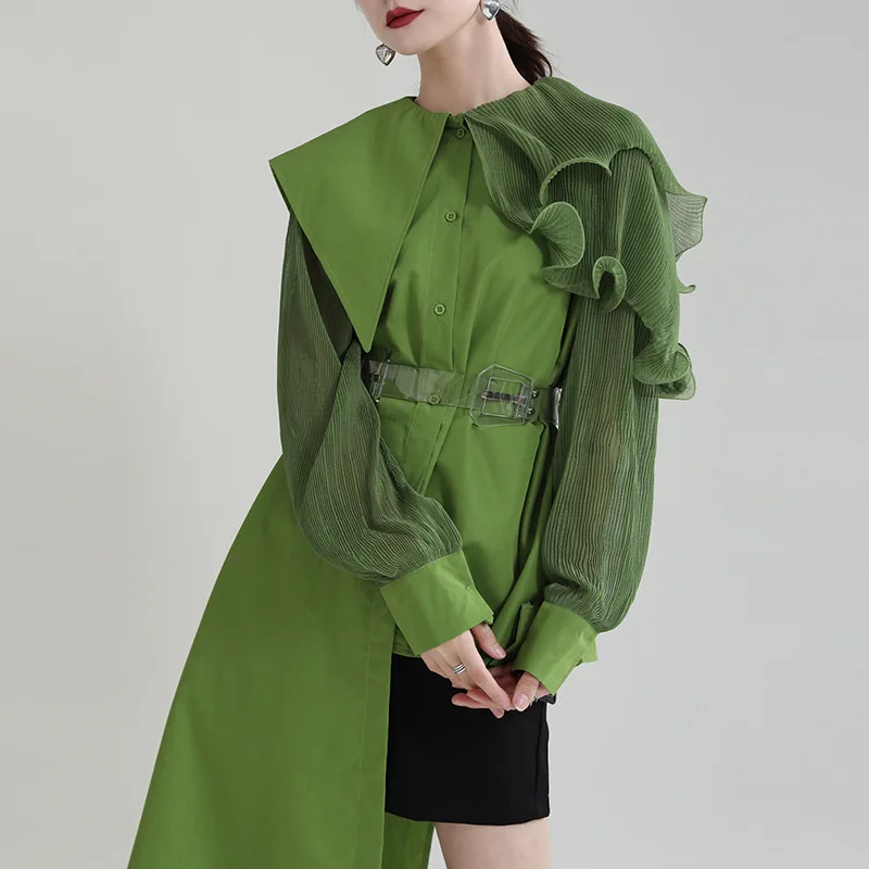 

2025 Spring New Product: Splicing and Crimping Mushroom Edge Top with Belt, Designer's Loose Long Sleeve Shirt for Women