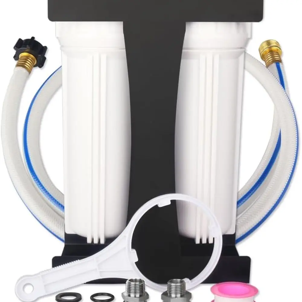 نظام فلتر مياه مزدوج RV ممتاز، تركيبات من الفولاذ المقاوم للصدأ خالية من الرصاص مقاس 3/4 بوصة |   يقلل الرواسب والكلور والطعم السيئ والروائح الكريهة، S