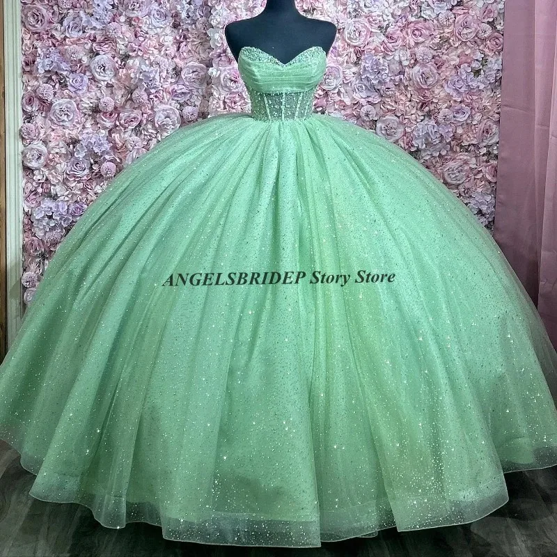 Angelsbridep  Light Green Quinceanera Dress Off Shoulder Ball Gown Beading Tull Corset Sweet 15 Vestidos De XV Años Customized