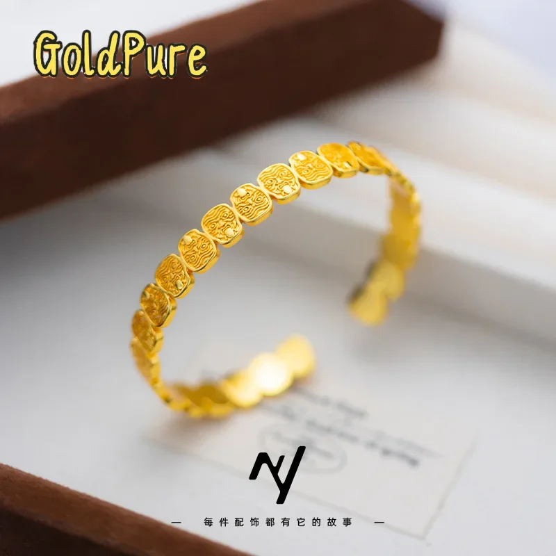 

Goldpure Luxury 24K 9999 Pure Gold real gold Open Retro Bracelet Ethnic Style Bracelet