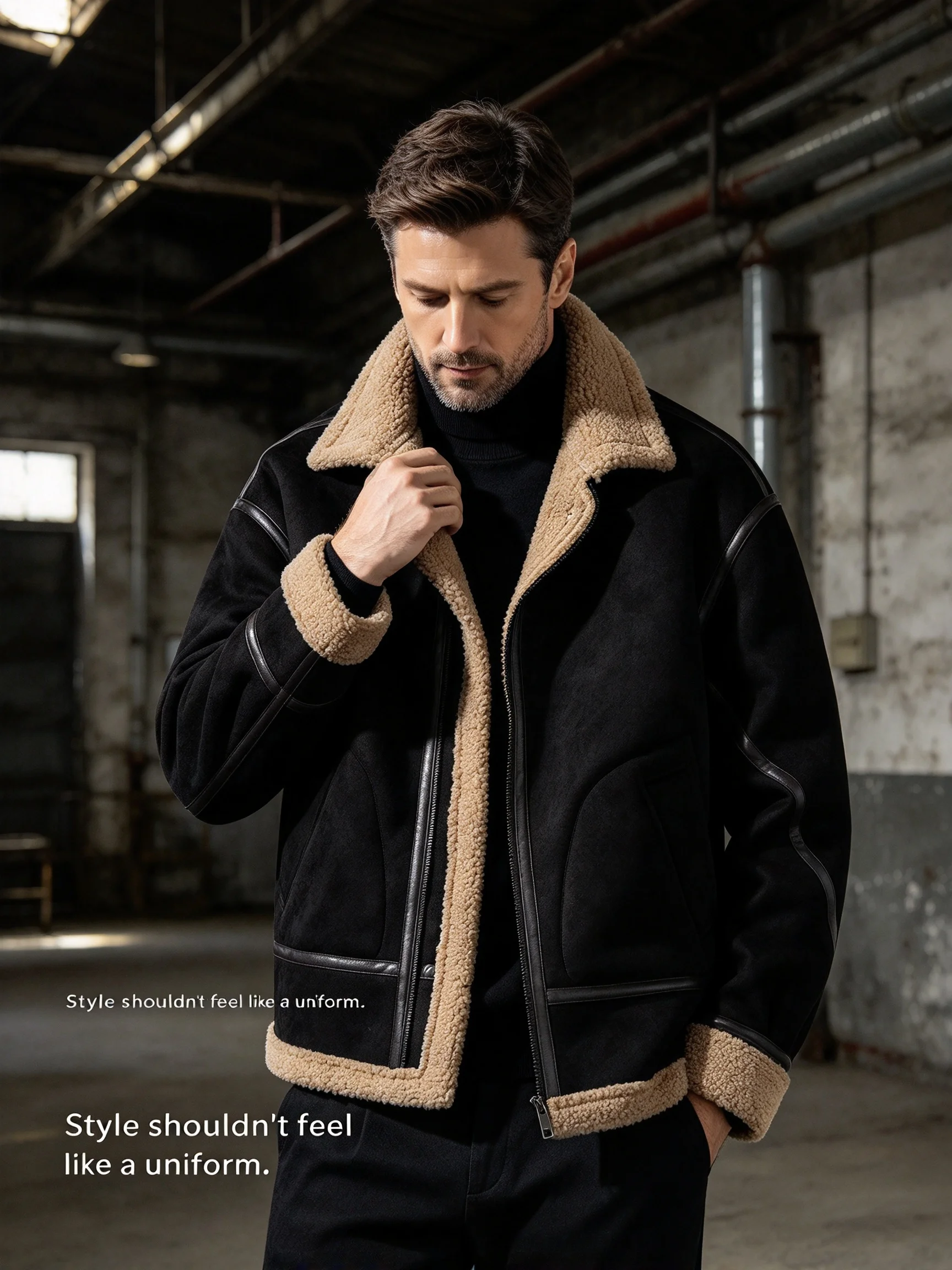 Men Retro Faux Suede Shearling Jacket, High End Designer Streetwear Lapel Zip Up Warm Winter Casual Men's Outerwear Jacket