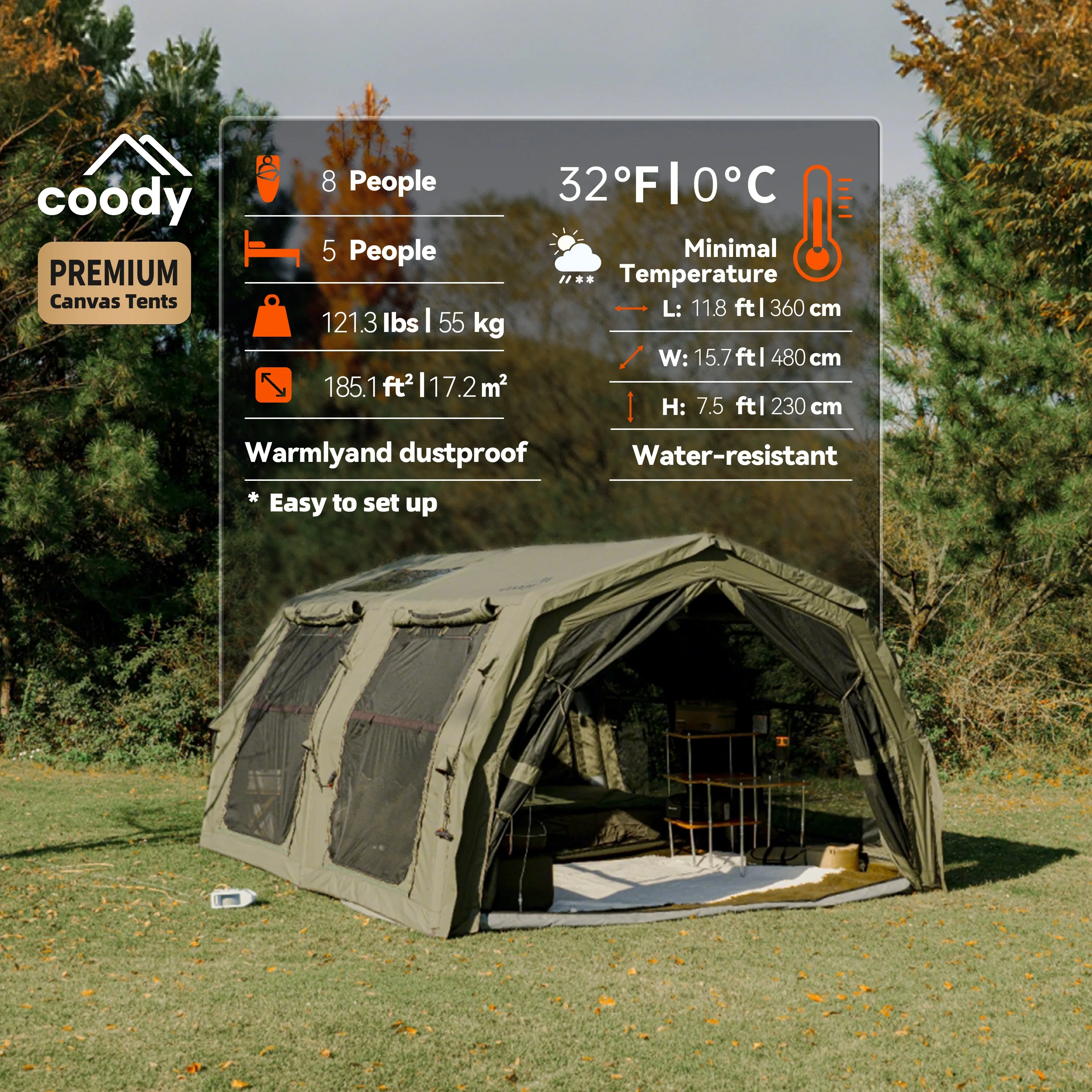 Coody 17.2 Familia Pro Air Tent Army Green Cotton Fabric Inflatable Shelter for Outdoor Family Camping