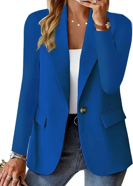 Women Notched Lapel Single Button Blazer, Long Sleeve Solid Color Casual Office Jacket