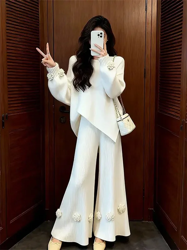 

Faionable White Knitwear Set for Women Irregular Slimming Sle Autumn Winter New Arrival Ele And Sli High Waist