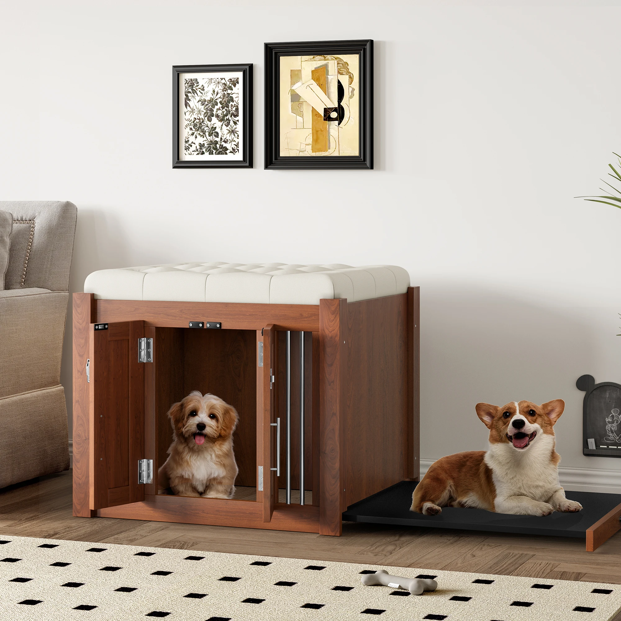 

Walnut Dog Furniture 30.25"L Luxury Wooden Table Dog Kennel 2 In 1 With Storage & Dog Crate Cushion End Of Bed Bench Ottoman
