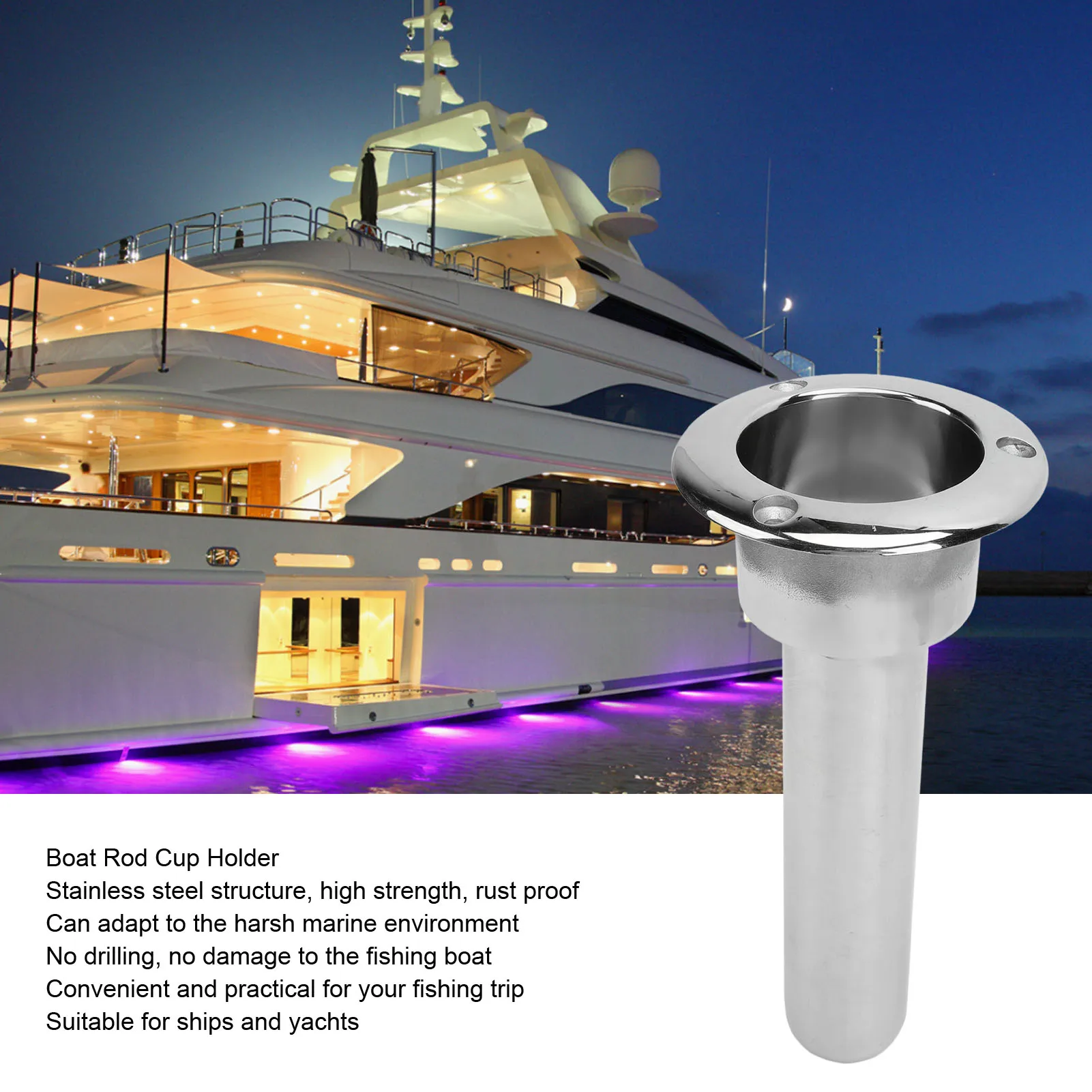 2 in 1 Boat Fishing Rod Cup Holder Stainless Steel Strong Structure 280mm Round Top Cup Holder for Yacht Ship 0 Degrees