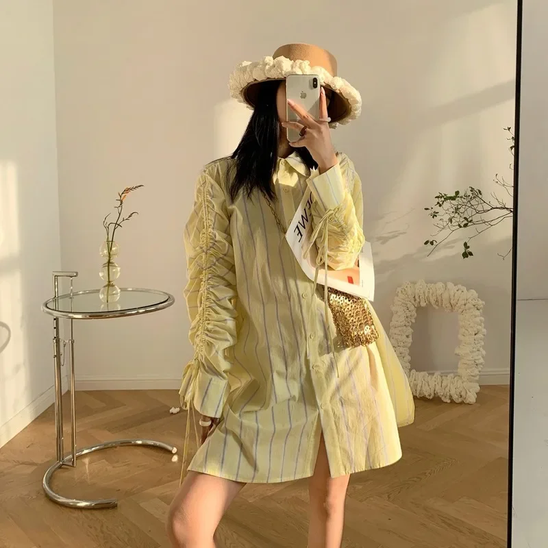 

2024 Spring and Autumn Fashion New Pleated Sleeve Salt Striped Skirt Mid-length Women's T-shirt Oversized T-shirt Y2k Aesthetic