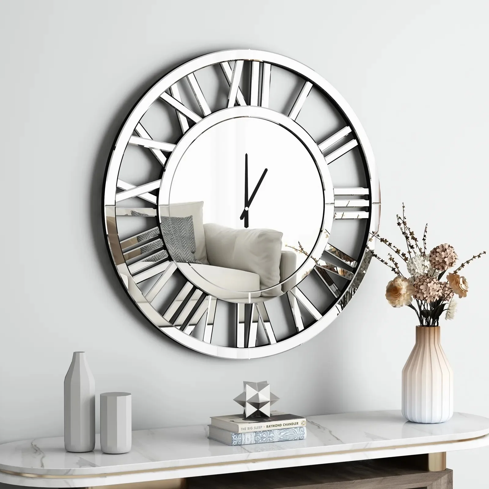 Modern Home Art Decor Roman Numeral Round Mirror Wall Clock