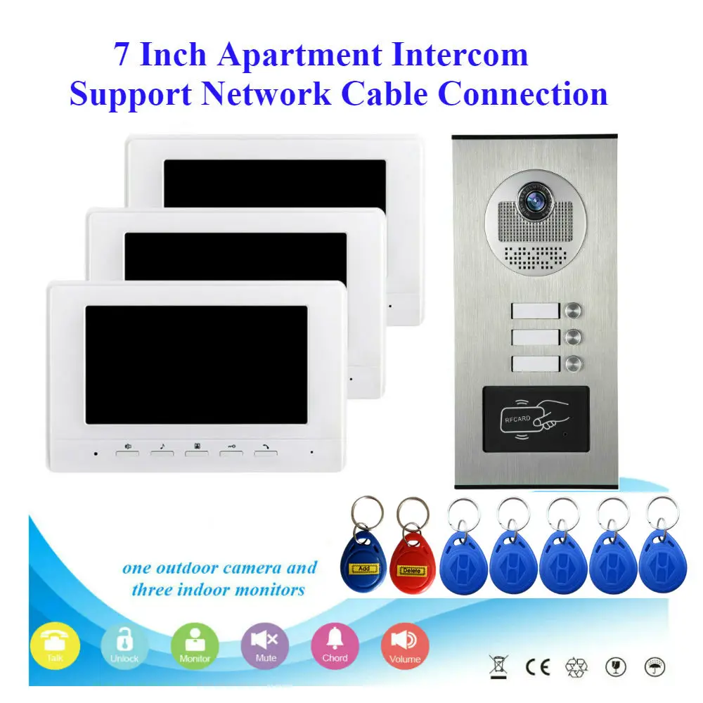 

6 Units Apartment Wired Network Cable Video Door Phone Doorbell Intercom System 7 Inch Monitor RFID Access Unlock Door Intercom