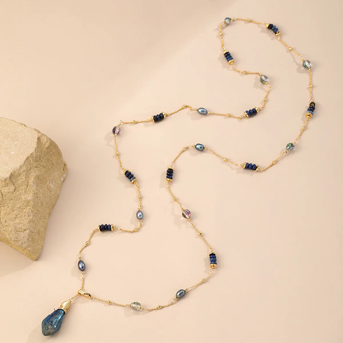 

Luxury Long Pearl Sweater Chain Special-shaped Blue Crystal Stone Necklace for Women