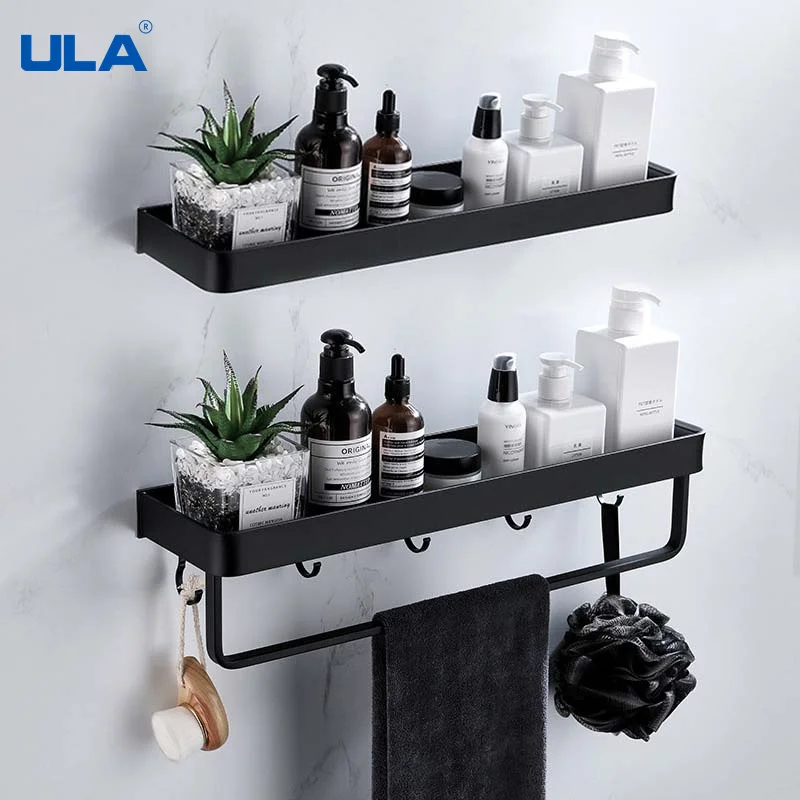 ULA Black Bathroom Shelf 30/40/50/60 cm Kitchen Wall Shelf Shower Holder Storage Rack Towel Bar Robe Hooks Bathroom Accessories