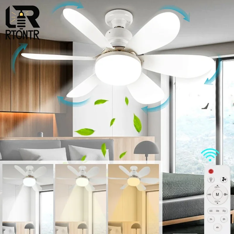 

40W Ceiling Fan Lighting Dimmable Light Color Temperature Modern Ceiling Mount Remote Control Smart E27 Led Ceiling Fan Light