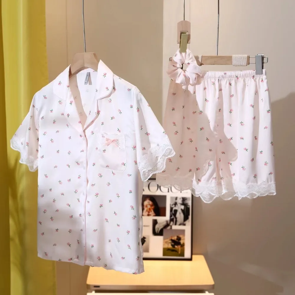 

Summer Pajamas Woman Sleepwear Silk Pyjama Set Short Sleeve Home Wear Women's Home Suit Floral 2 Pieces Loungewear Sets Woman