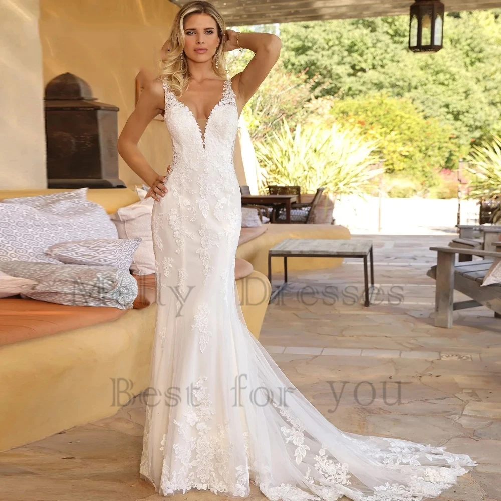 Abiti da sposa avorio a sirena con pizzo 2025 Abiti da sposa senza maniche Donna Senza spalline Squisito Vestido De Novia 2025 Nuovo