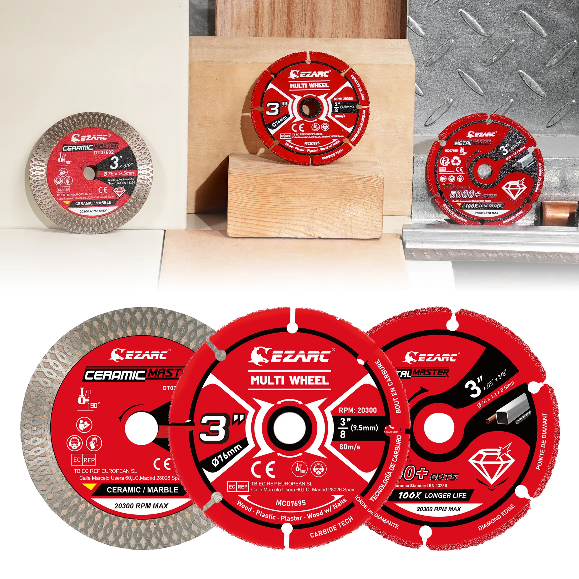 EZARC 3PC 3-Inch(76mm) Cutting Discs Set for Metal Wood Tile, 3/8