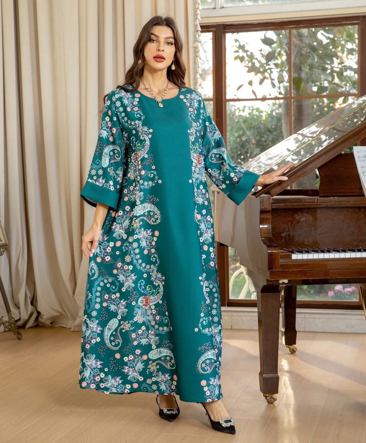 

Elegant Arab Dubai Fashion Printing Beading Casual Homewear Abayas For Muslim Women Ramadan Eid Robe Moroccan African Caftan