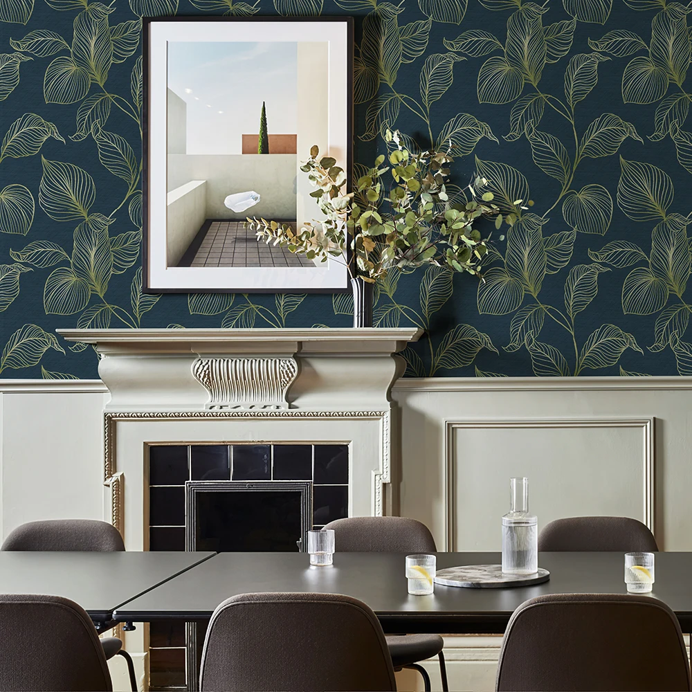 

Gold Sketch Leaves Peel And Stick Wallpaper Chic Dark Blue Self Adhesive Home Decoration Waterproof Kitchen Wall Sticker