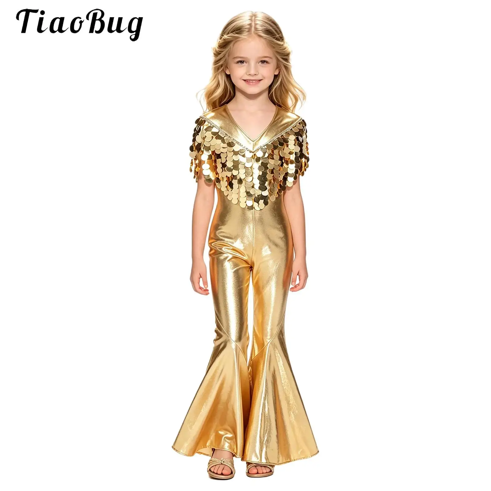 Kids Girls 70s Disco Hippie Costume Metallic Flared Jazz Dance Jumpsuit Sleeveless Sequin Tassel Bell Bottom Pageant Rompers