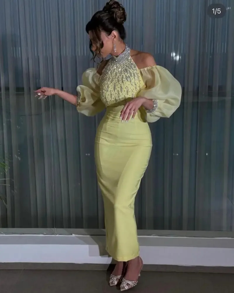 

Customized Off The Shoulder Prom Dresses Long Sleeves Evening Dresses Halter Neck Pleated Beadings Ankle Length Party Gowns