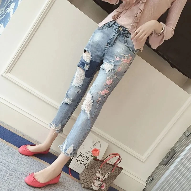 

Summer Women Hole Jeans Denim Pants Spring High Waist Loose Straight Jeans Female Ankle-Length Harem Pants Ladies Jeans Y328