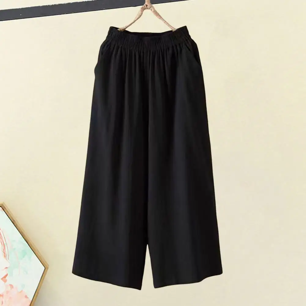 Calça cortada de perna larga feminina, elástico na cintura, monocromática, elegante, A