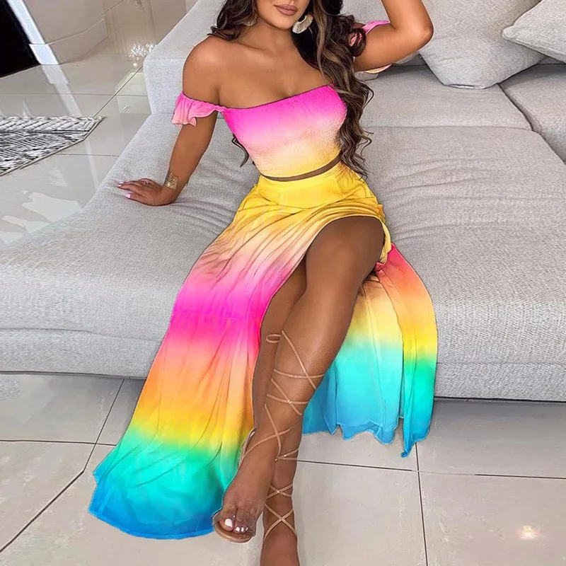 Two-Piece Set Women Sexy Off-Shoulder Smocked Tube Top Floral High-Waist Split Maxi Skirt Boho Suit Summer Women Casual Sets