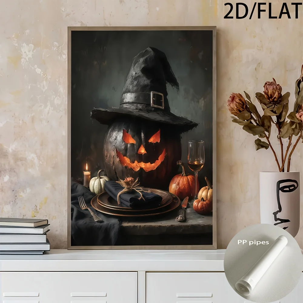 2D Flat, 2D/FLAT Hard Tube Packaging: 1 Halloween Witch Hat and Pumpkin Lantern Canvas Printed Poster, Modern Wall Art Decoratio