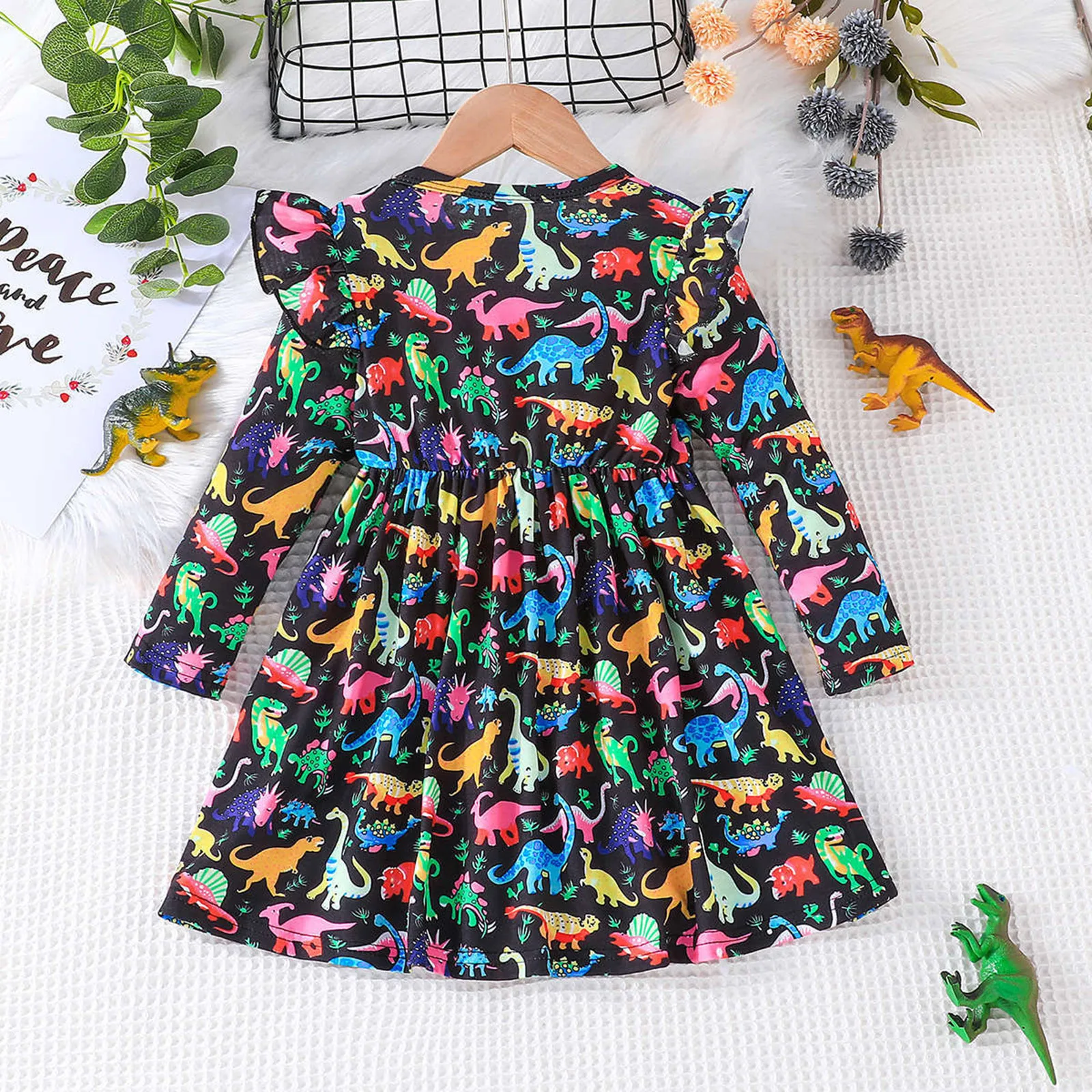 2024 New Dinosaur Girls Dresses Spring Cartoon Casual Children's Clothes Ruffles Long Sleeve Kids Princess Dress Flower Frocks