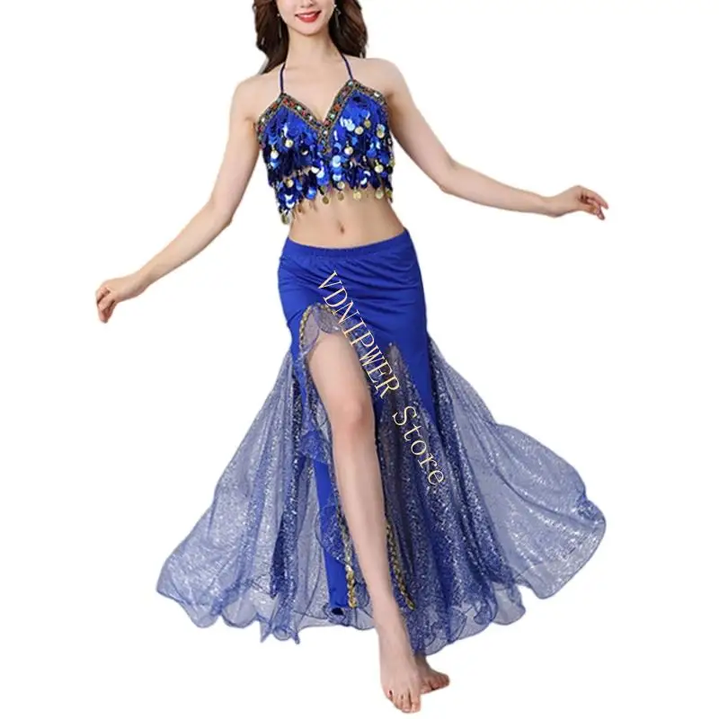 Zwarte rekbare buikdansoutfit gloeiende verfraaiingen Fringe Design Stage Show Ensemble D08E