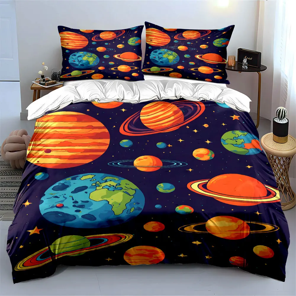 3Pc Cartoon Solar System Bedding Set,Colorful Planets and Stars Print Duvet Cover Set,Kids Space Galaxy Design for Boys Bedroom