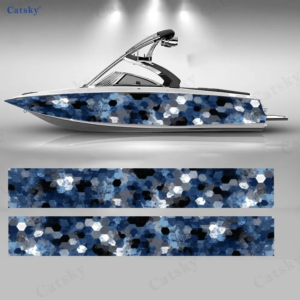 

2Pcs Blue & White Hexagon Boat Hull Decal, PVC Waterproof Durable Vinyl Wrap Decals for Fishing Boat, Durable and Stylish Design