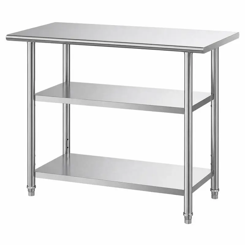 

Commercial Kitchen Work Table, 24x48 Inch Food Prep Station with 2 Shelves and 5 Hooks, Heavy Duty Metal Utility Workbench for Restaurant, Hotel, Home, Garage, Silver
