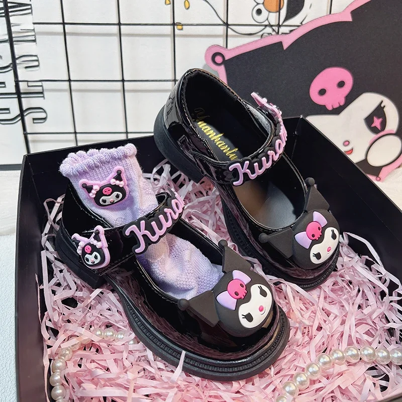 2024 New Sanrio Kuromi Black Lolita Princess Leather Shoes Girls Fashion Soft Sole Kawaii Cartoon Anime Character Accessories