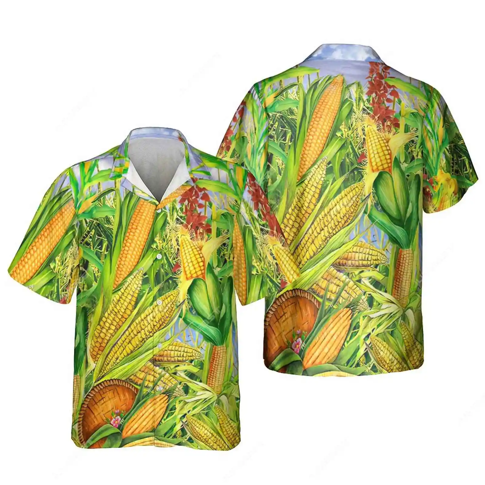 Jumeast 3D Printed Sweet Corn Cob Men Hawaiian Shirts Farm Rooster Shorthorn Cattle Beach Blouses Blackangus Crop Youth Clothes