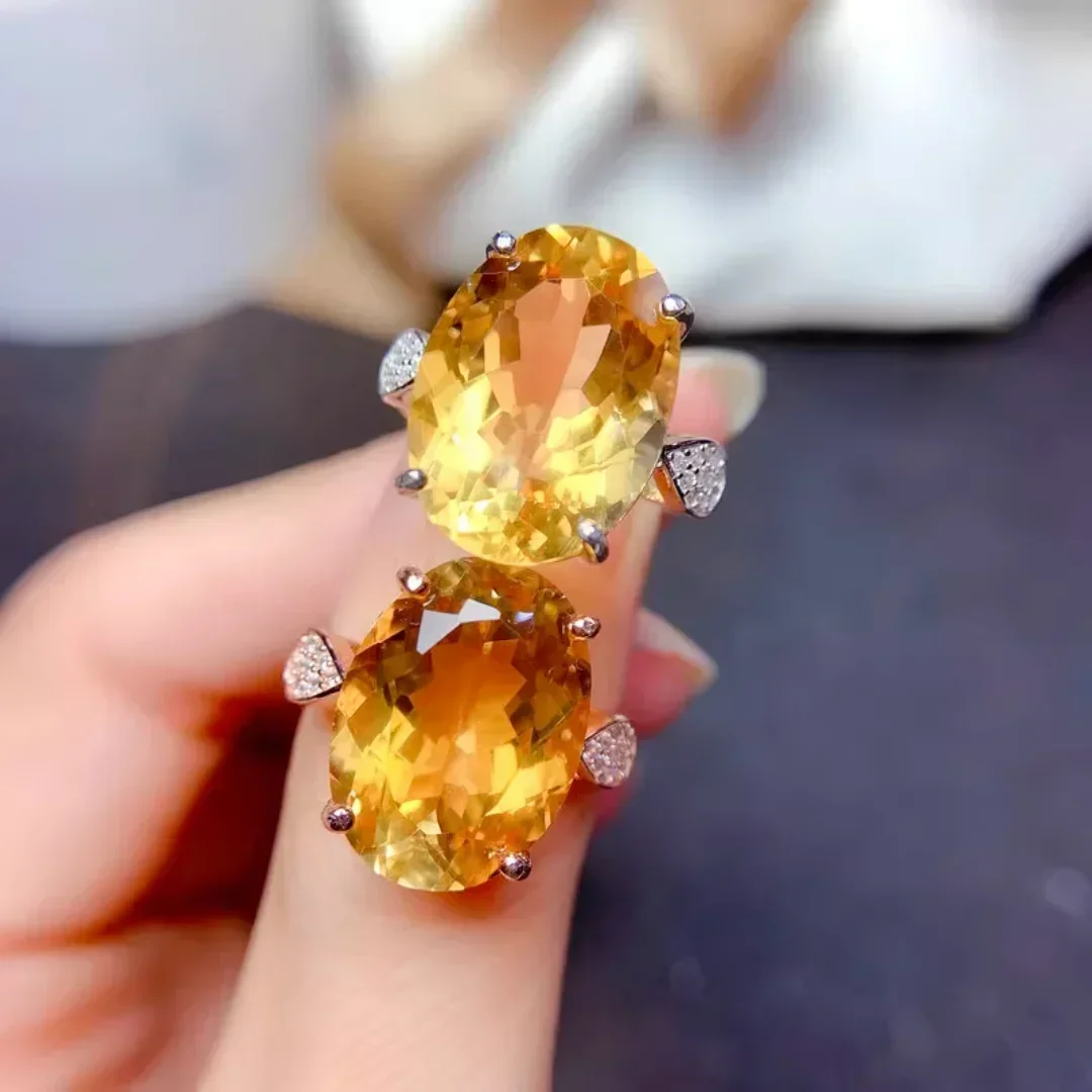 

S925 Sterling Silver Natural Citrine Ring Ladies Premium Large Granule Citrine Ring Adjustable with Certificate