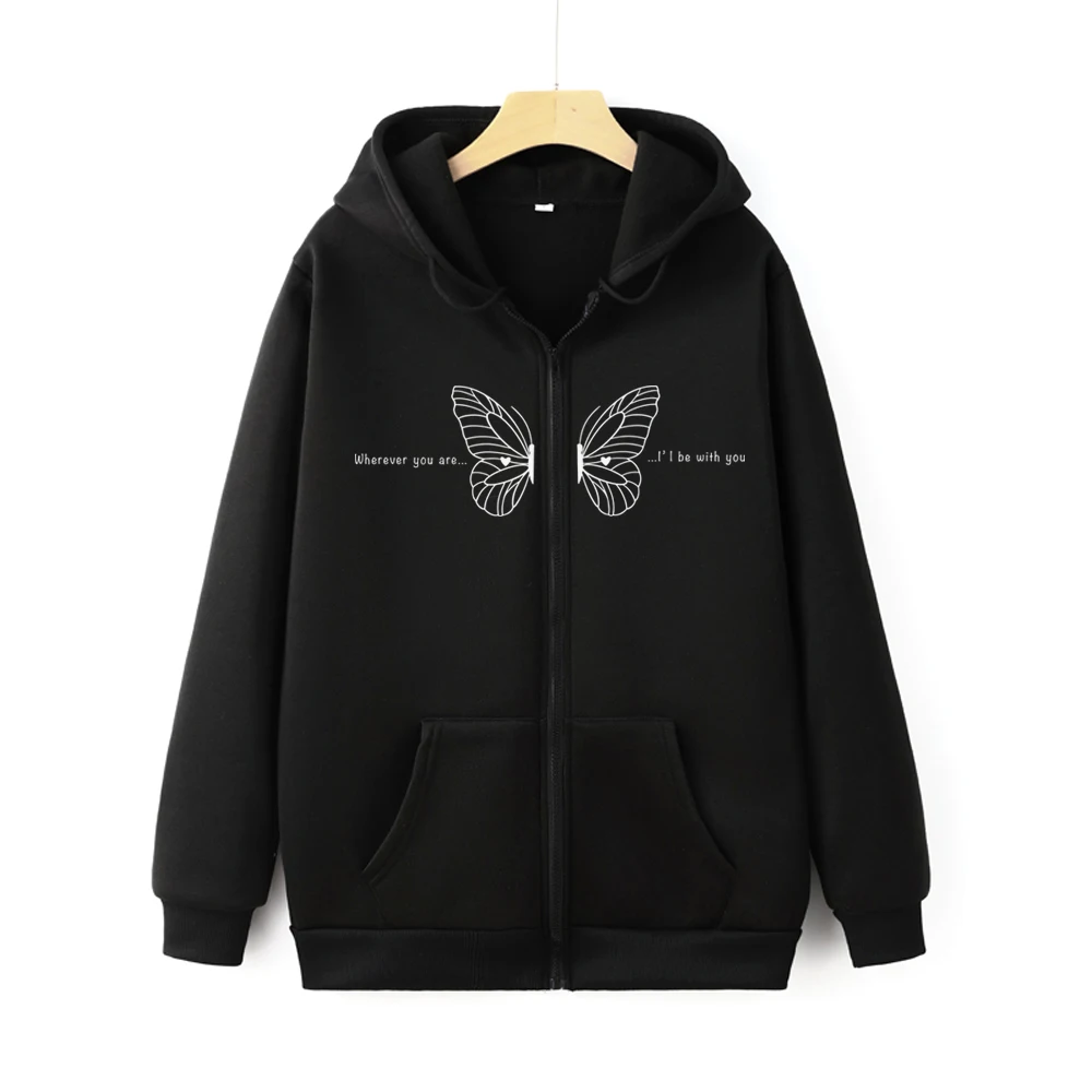 Butterfly Print Y2K Zipper Sweatshirt Vintage Unisex Zip-up Hoodie Harajuku Wherever You Are I'l Be With You Graphic Zip Hoody