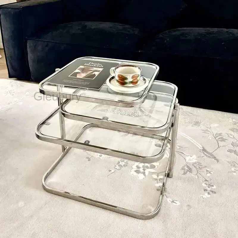 Tempered Nordic Coffee Rotating Table Multi-layer Glass Transparent Square Stainless Steel Home Living Room Side Tables