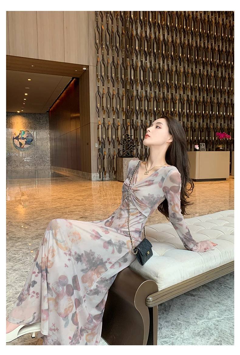 ドレス 長袖 レディースドレス 若い女の子 夏 モダール ハイロー 透かし彫り オールマッチ スリーブカットアウト パネル付き フィット ショート スパイシー