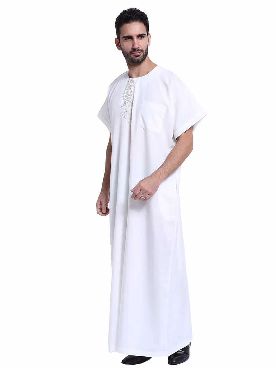 Islam Men Short Sleeve Robes Dress O-Neck Muslim Arabic Turkey Jubbe Thobe Saudi Arab Traditional Kaftan Abaya Dubai Eid Ramadan