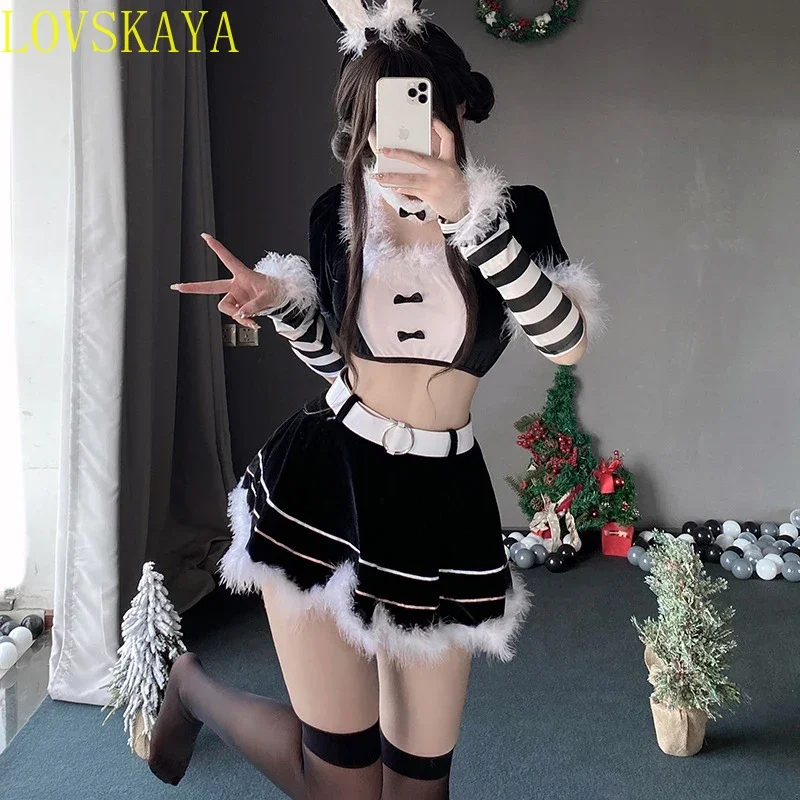 Christmas Sexy Cute Bunny Uniform Women Adult Maid Cosplay Costume Black Velvet Crop Top T-shirt Miniskirt Set for Party Hot New